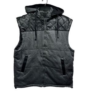 YAGO Men's Charcoal and Faux Leather Moto Hooded Vest Size Large